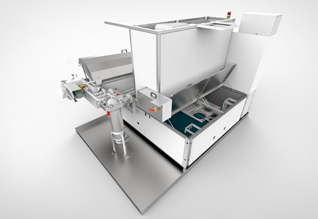 Vue arrière d'une machine de nettoyage de pièce horizontale