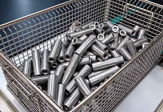 fûts en aluminium dans un panier apres lavage