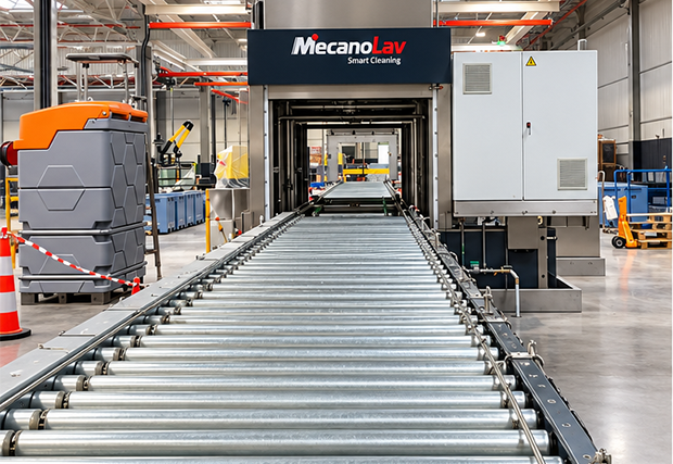 Machine de nettoyage MecanoLav en ligne avec convoyeur à rouleaux pour le chargement des pièces automobiles