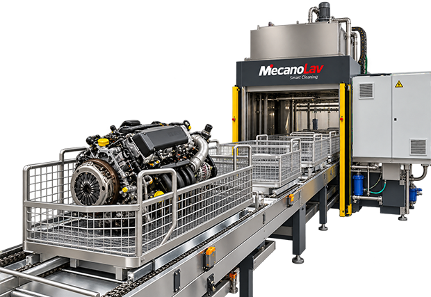 Machine de nettoyage MecanoLav avec convoyeur et panier chargé d’un moteur automobile à nettoyer